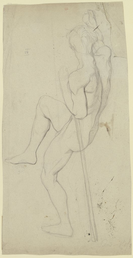 Männlicher Akt in seitlicher und Rückansicht, auf eine Stange gestützt, das rechte Bein wie auch den rechten Arm angehoben, Victor Müller