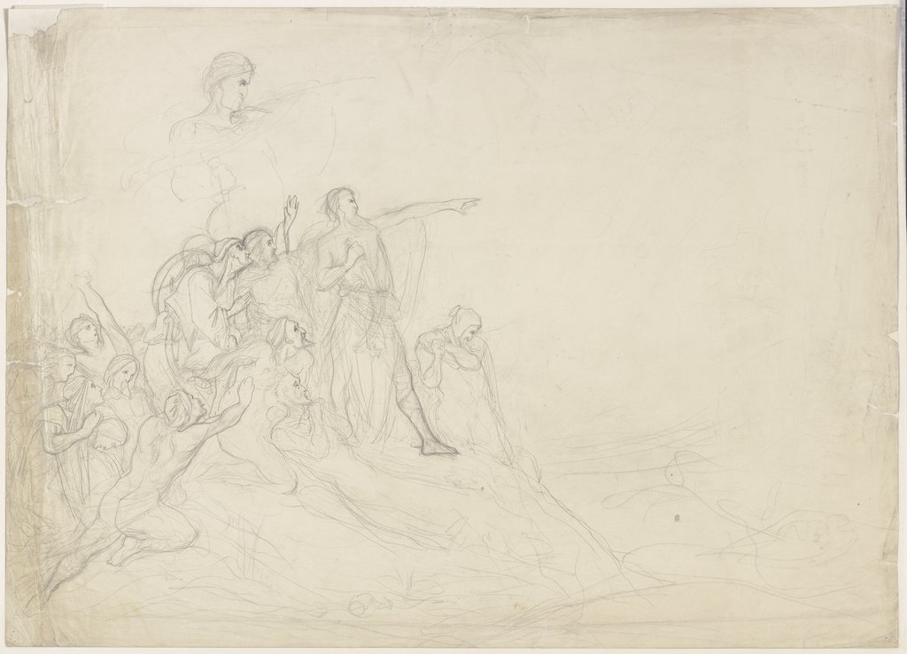 Nach rechts in die Ferne nach weisender Mann, umgeben von ihm folgender Gestalten, zum Teil in historischer Tracht, zum Teil als Aktfiguren ausgeführt, Victor Müller