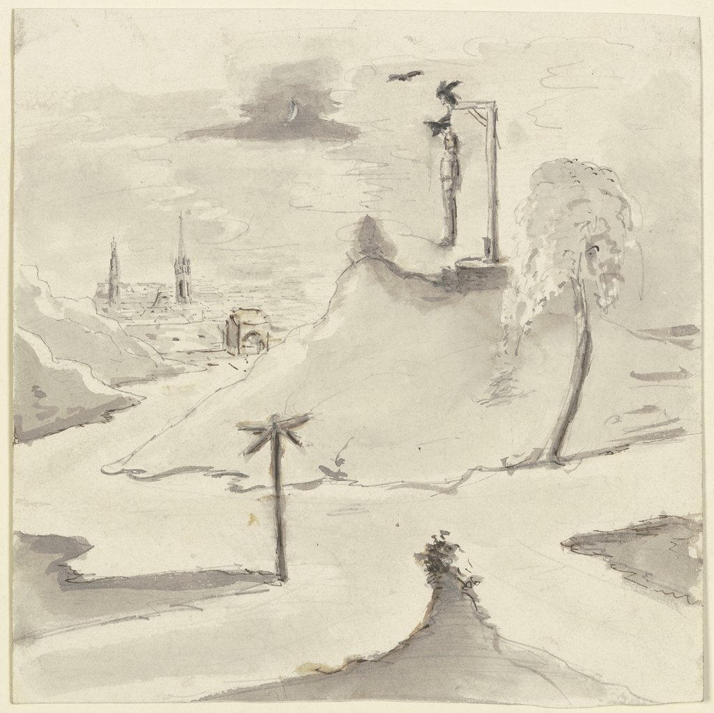 Ein Mann hängt am Galgen, im Hintergrund eine Stadt, Victor Müller