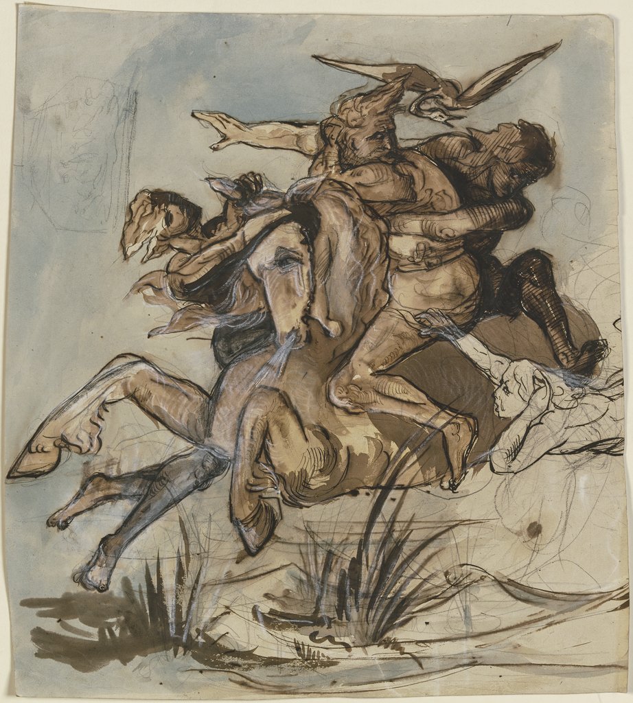 Bärtiger Mann in Begleitung eines Vogels auf einem Pferd im gestreckten Galopp, drei Gestalten suchen beide niederzuringen, Victor Müller