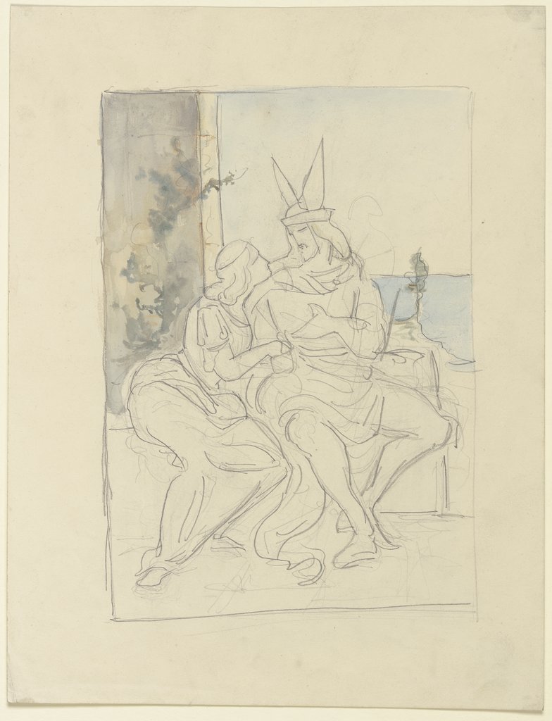Sitzendes Paar in historischer Tracht, im Hintergrund Ausblick auf das Meer, Victor Müller
