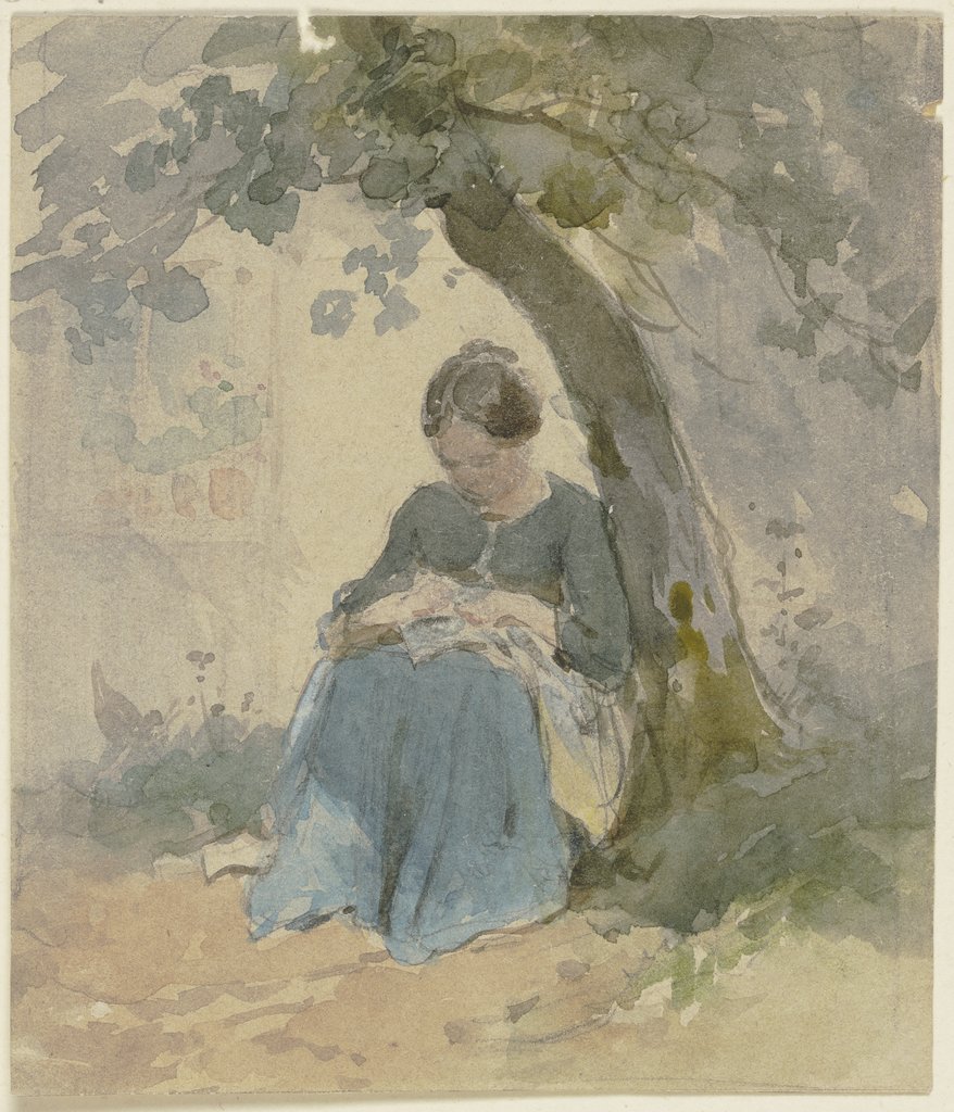 Frau mit Näharbeit unter einem Baum sitzend, Philipp Rumpf
