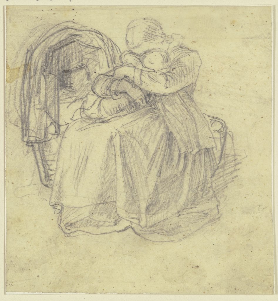 Ein Mädchen sitzt bei einer Wiege und hält mit beiden Armen umfaßt ein kleines Kind auf ihrem Schoß, die Gesichter aneinander geschmiegt, Philipp Rumpf