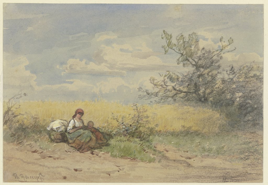 Bäuerin mit Kind vor einem reifen Kornfeld ruhend, Philipp Rumpf