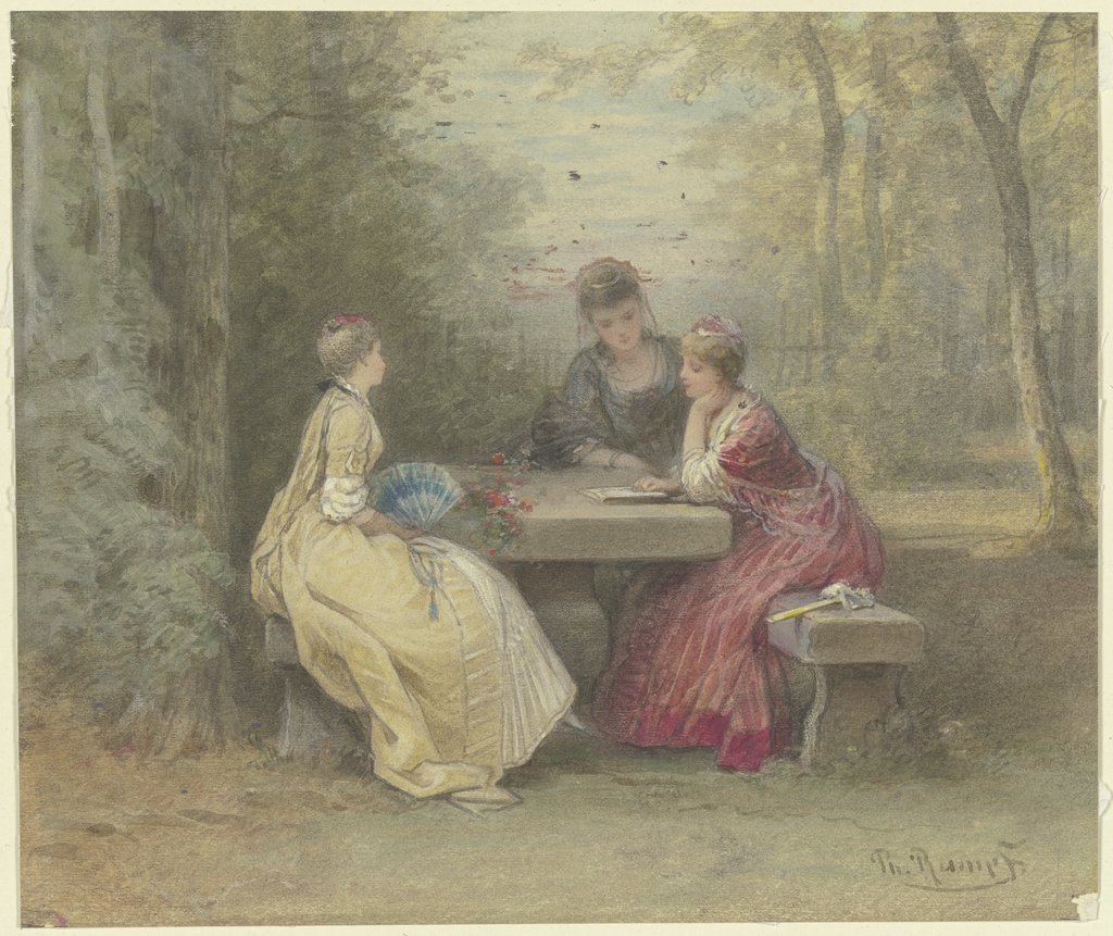 Vorlesung im Park, drei junge Damen in Watteau'schem Kostüm um einen Steintisch sitzend (Laube am Sandhof bei Niederrad), Philipp Rumpf