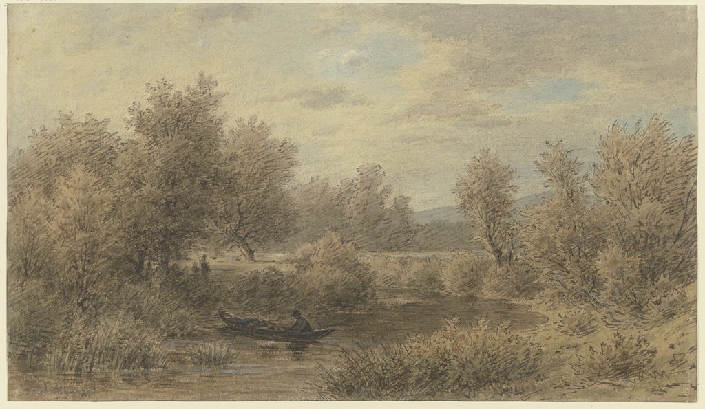 Ein Kahn mit einem Fährmann hält am Ufer (Motiv an der Nied), Jakob Maurer