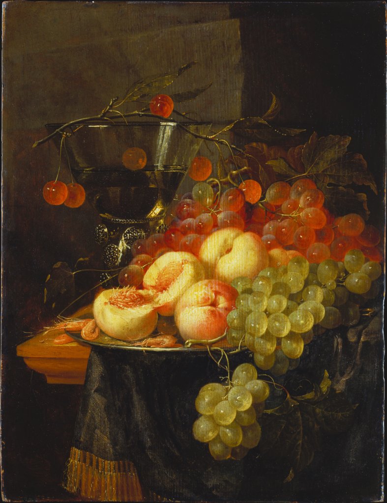 Stillleben mit Früchten und einem Kirschzweig über einem Berkemeyer, Pieter de Ring