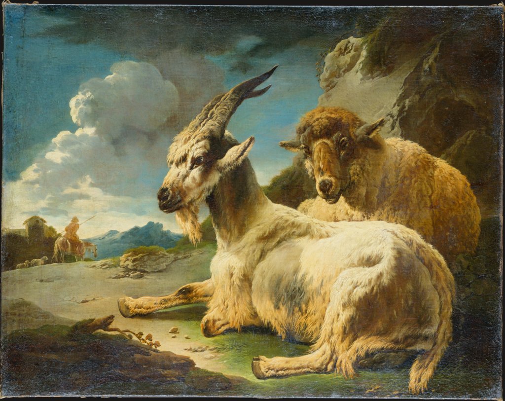 Ziegenbock und Schaf in felsiger Landschaft, Philipp Peter Roos;  gen. Rosa da Tivoli