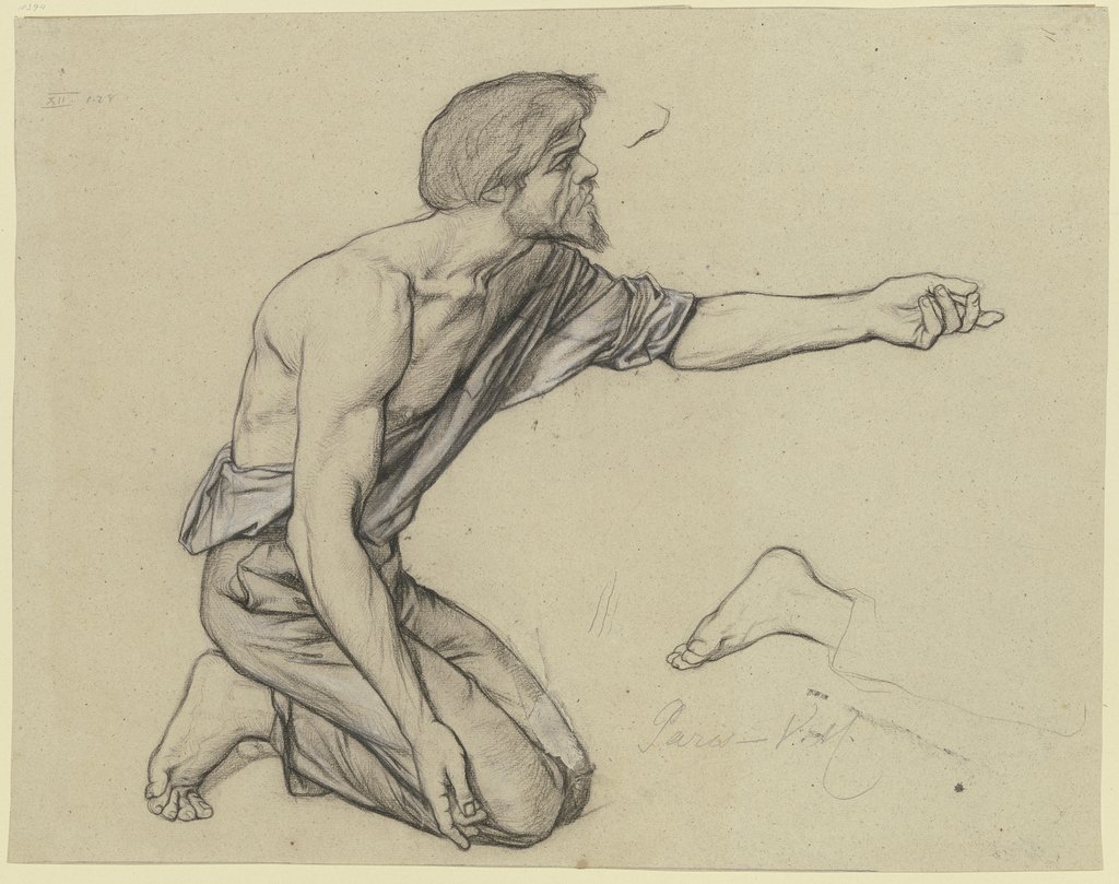 Kniender Bettler, die Linke austreckend, daneben ein einzelner Fuß, aus dem "Gastmahl des Reichen", Victor Müller