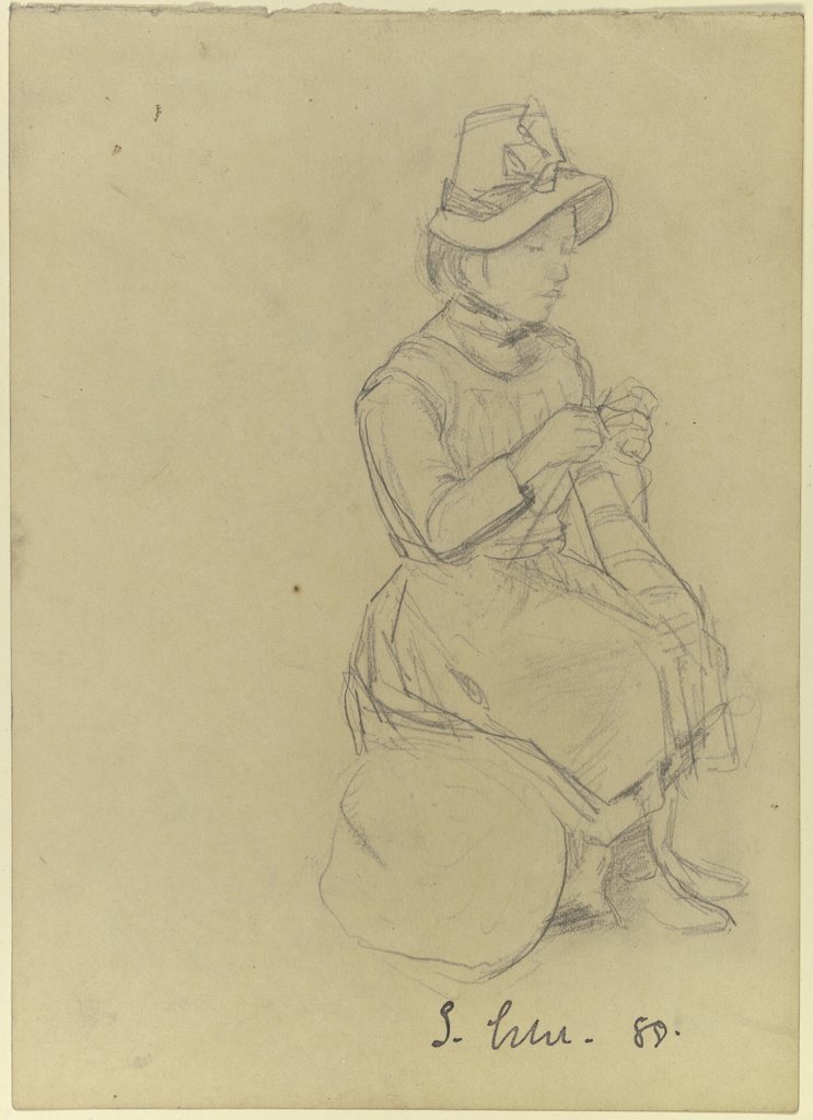 Strickendes Mädchen mit Hut, Gustav Schraegle