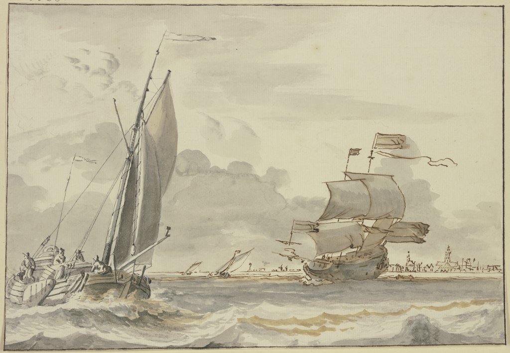 Bewegte See, nach rechts segelndes Schiff, links eine Barke mit vier Mann, im Hintergrund eine Stadt, Ludolf Backhuysen