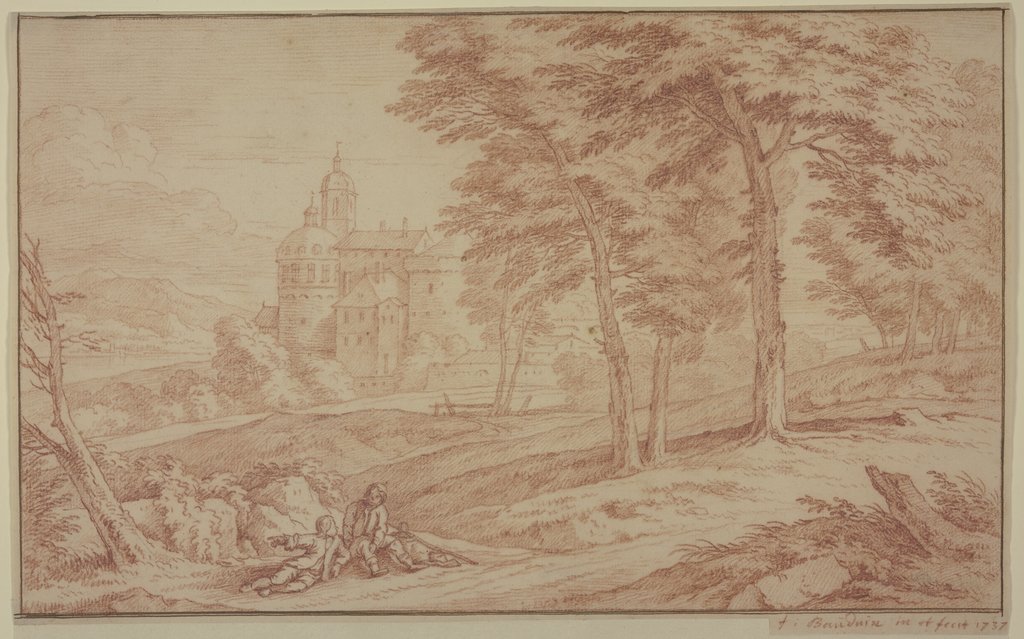 Landschaft, links ein Schloß, rechts Bäume, vorne zwei Knaben am Wege sitzend, Frans Boudewijns
