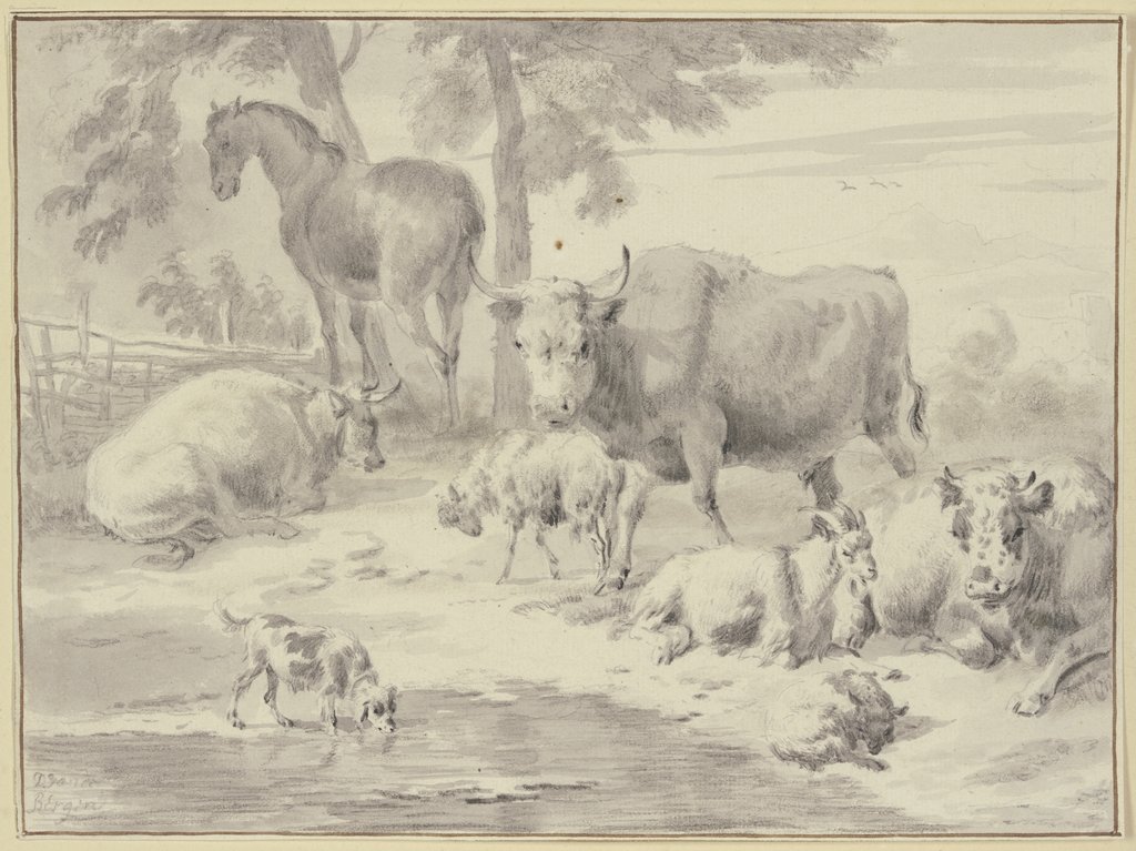 Kühe, Schafe, eine Ziege, ein Pferd und ein Hund bei einem Wasser, Dirck van Bergen