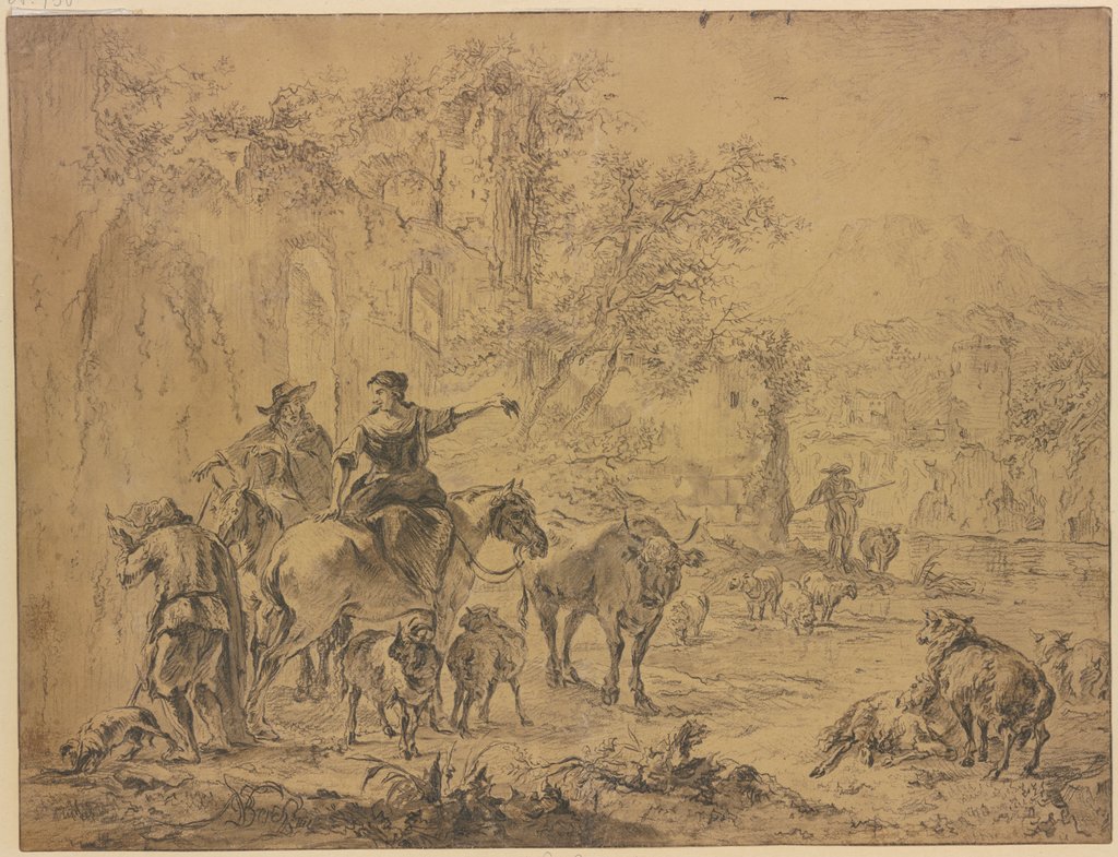 Bei Ruinen links Hirte und Hirtin zu Pferde, trinkender Hirte zu Fuß an einem Fluß, Art des Nicolaes Berchem