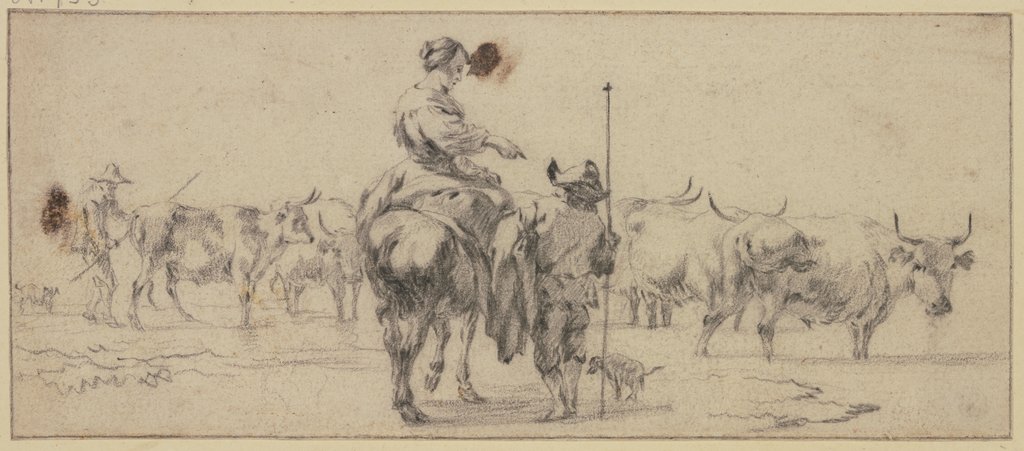 Hirtin zu Pferde, zwei Hirten zu Fuß, bei einer Kuhherde, Nicolaes Berchem