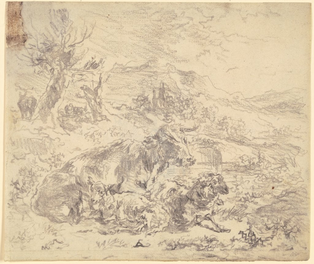 Eine Kuh, eine Ziege und ein Schaf beieinander in einer bergigen Landschaft liegend, Nicolaes Berchem