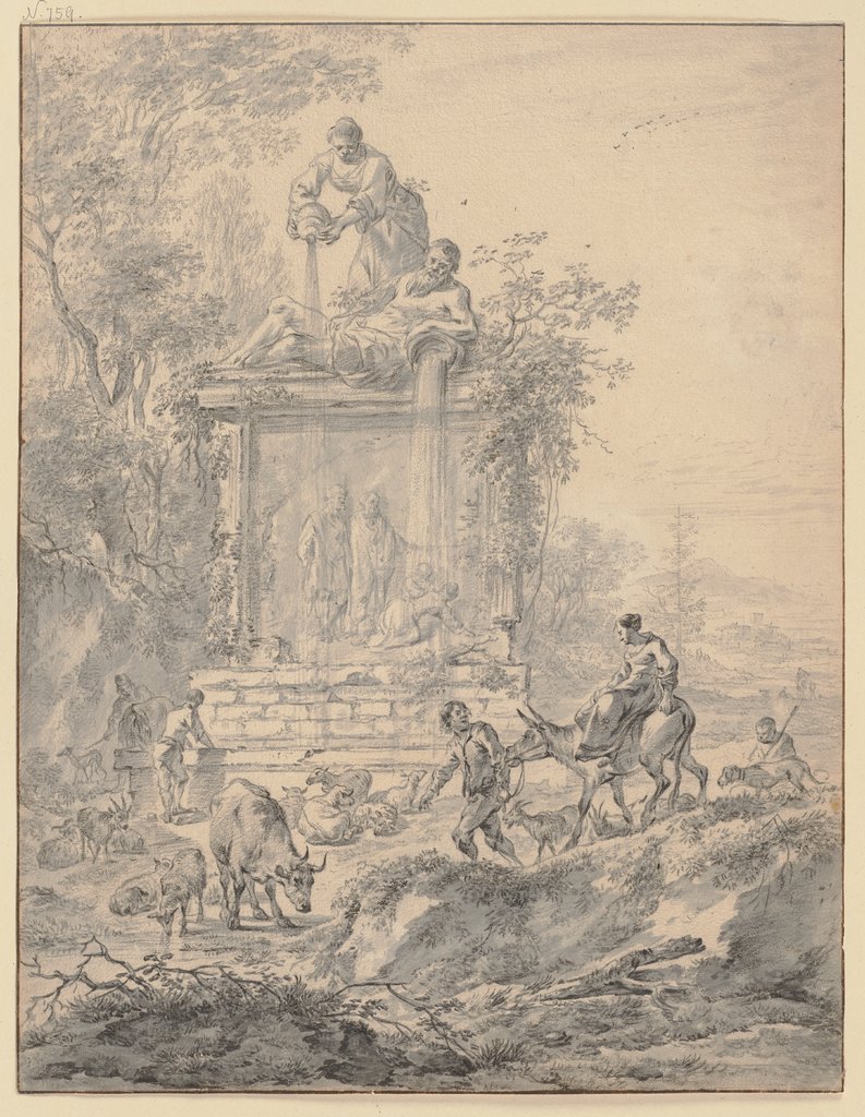 Großes Monument, darauf ein Flußgott und eine Frau, Wasser aus Urnen gießend, davor Hirten mit Vieh, Art des Nicolaes Berchem