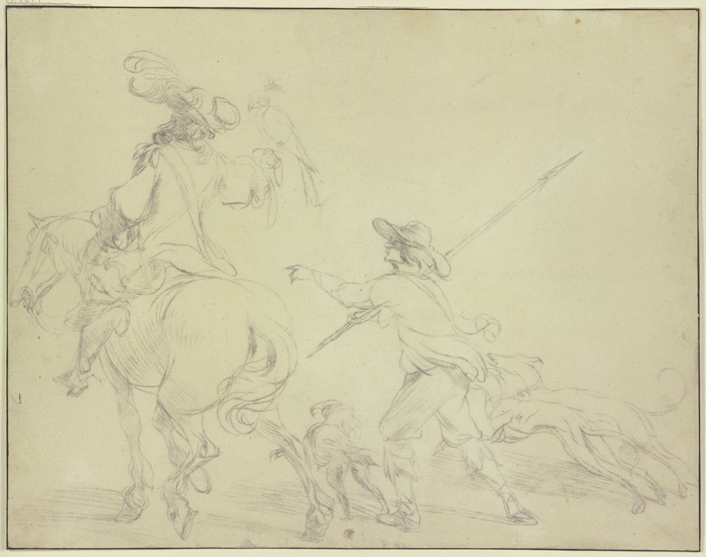Falkenjäger zu Pferde, den Falken auf der Faust, hinter ihm sein Diener zu Fuß mit den Hunden, Nicolaes Berchem;  Schule