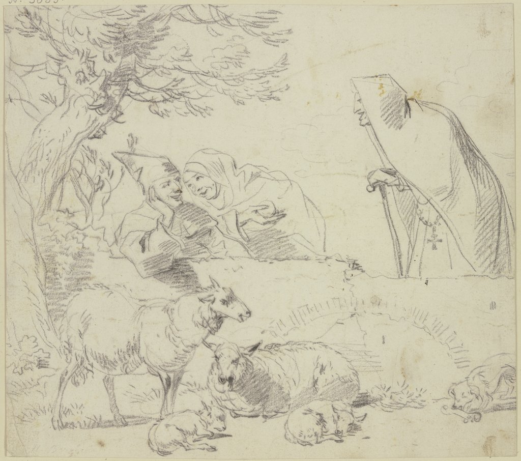 Zwei Nonnen bei einem Hirten, dabei zwei alte und zwei junge Schafe und ein Hund, Nicolaes Berchem