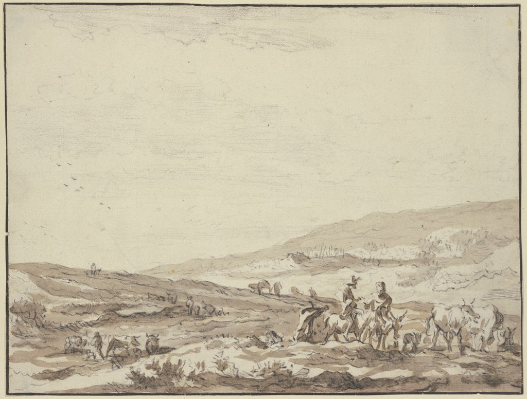 Hügelige Gegend, rechts Hirte und Hirtin auf Eseln reitend mit Vieh, Nicolaes Berchem