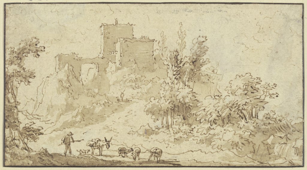 Burgruine, vorne ein Hirte mit Eseln und Schafen, Nicolaes Berchem