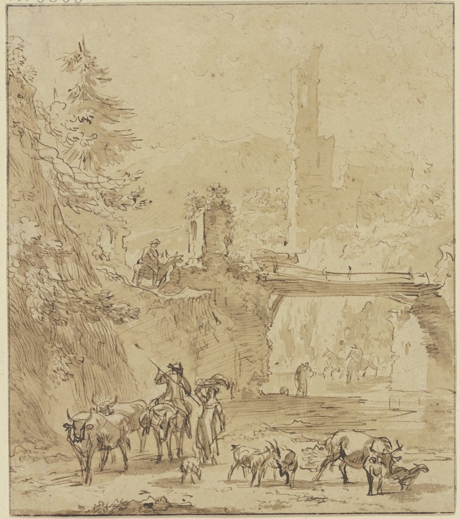 Burgruine, über dem Wasser ein Steg im Vordergrund, Hirte zu Esel und Hirten zu Fuß mit Vieh, Nicolaes Berchem