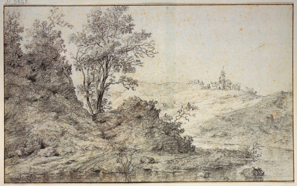 Landschaft mit Wasser, auf dem Hügel Hirte und Hirtin mit Vieh, Nicolaes Berchem