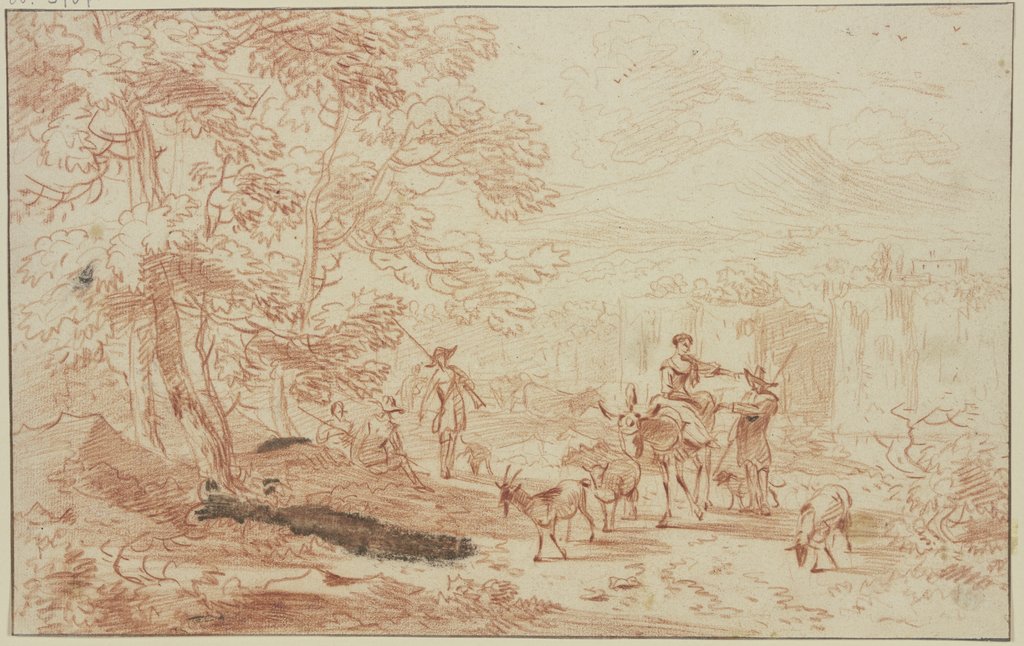 Am Saum eines Waldes lagern Jäger, dabei ein Hirte und eine Hirtin auf einem Esel mit zwei Schafen und einer Ziege, Nicolaes Berchem