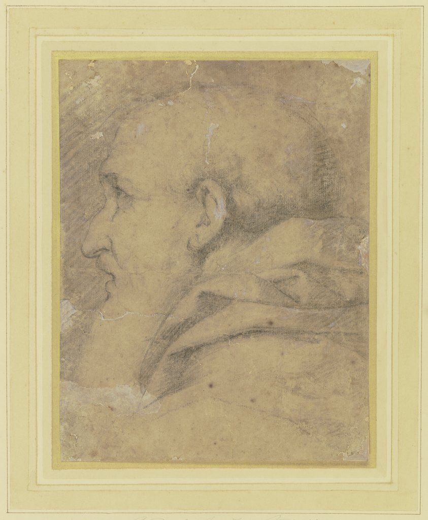 Studie eines Männerkopfes (Heiliger Josef?) nach links mit zurückgeschlagener Kapuze, Italienisch, 16. Jahrhundert, nach Andrea del Sarto