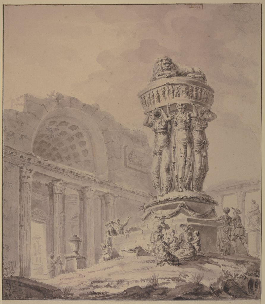 Zwischen Resten eines römischen Prachtgebäudes tragen drei kolossale Karyatiden eine Vase mit einem Löwen, Jacques-François Blondel