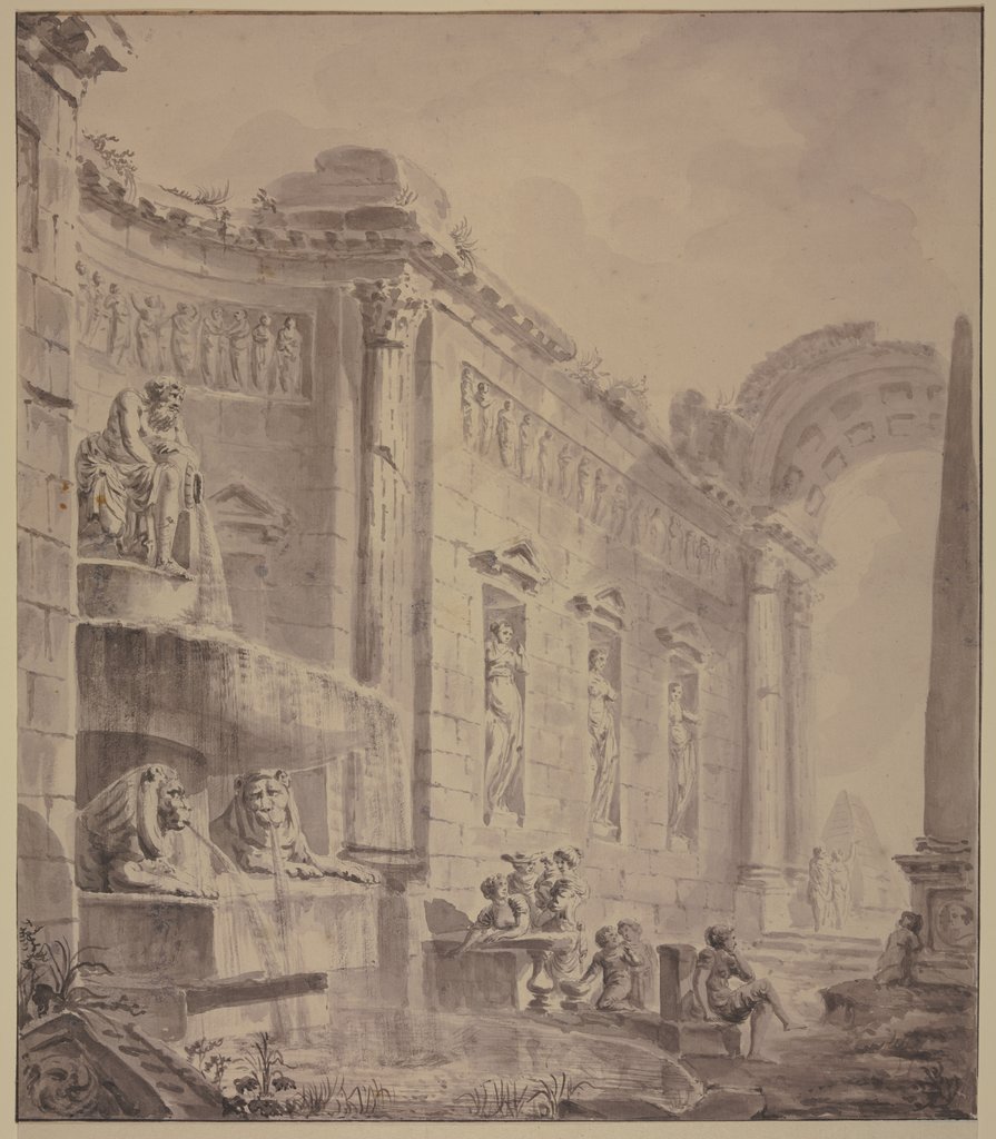 Ein römisches Prachtgebäude mit einem Brunnen, an welchem ein Flußgott und zwei Löwen Wasser ausgießen, Georges-François Blondel