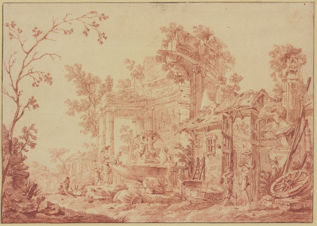 Unter römischen Ruinen ein Brunnen mit zwei Amoretten, an welchem Wäscherinnen beschäftigt sind, Georges-François Blondel