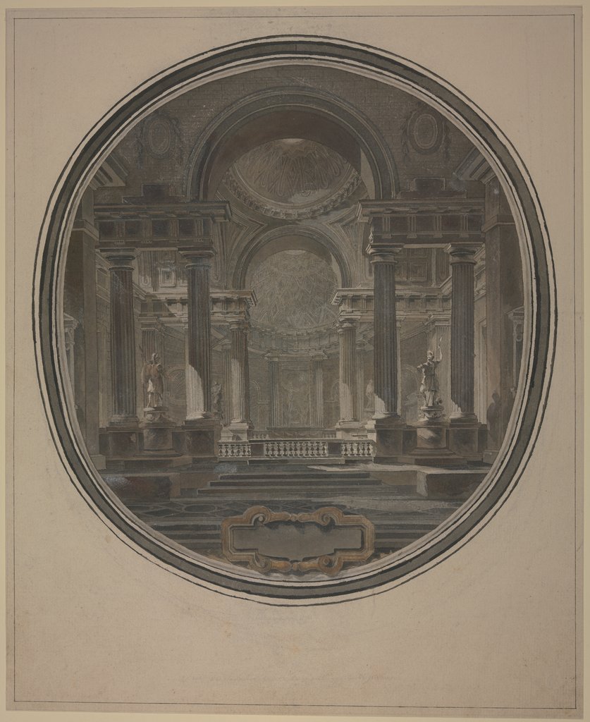 Blick in die Rotunde eines antiken(?) Tempels, unten eine leere Kartusche, Jacques-François Blondel