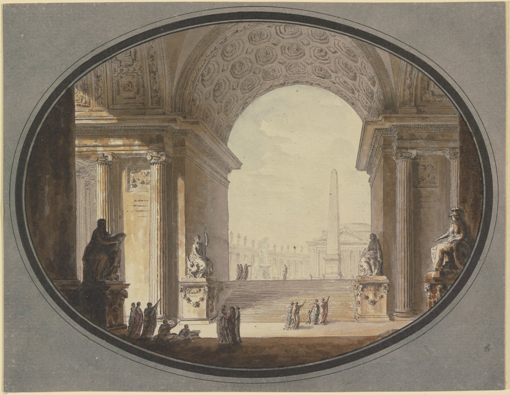 Blick durch ein kassettiertes Rundbogengewölbe auf einen dem Petersplatz in Rom nachempfundenen Platz, im Scheitel ein dem römischen Pantheon ähnelnder Bau, Jacques-François Blondel