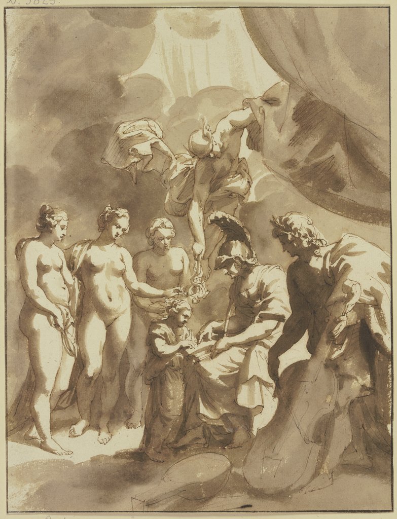 Minerva und Apollo unterweisen ein Kind in den Künsten und Wissenschaften, dabei die drei Grazien sowie Merkur, Jan de Bisschop, nach Peter Paul Rubens