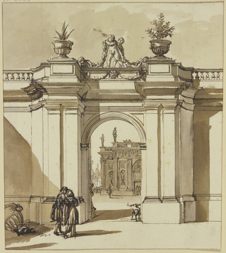 Portal eines Palastes, davor zwei Figuren und ein sitzender Hund, Jan de Bisschop