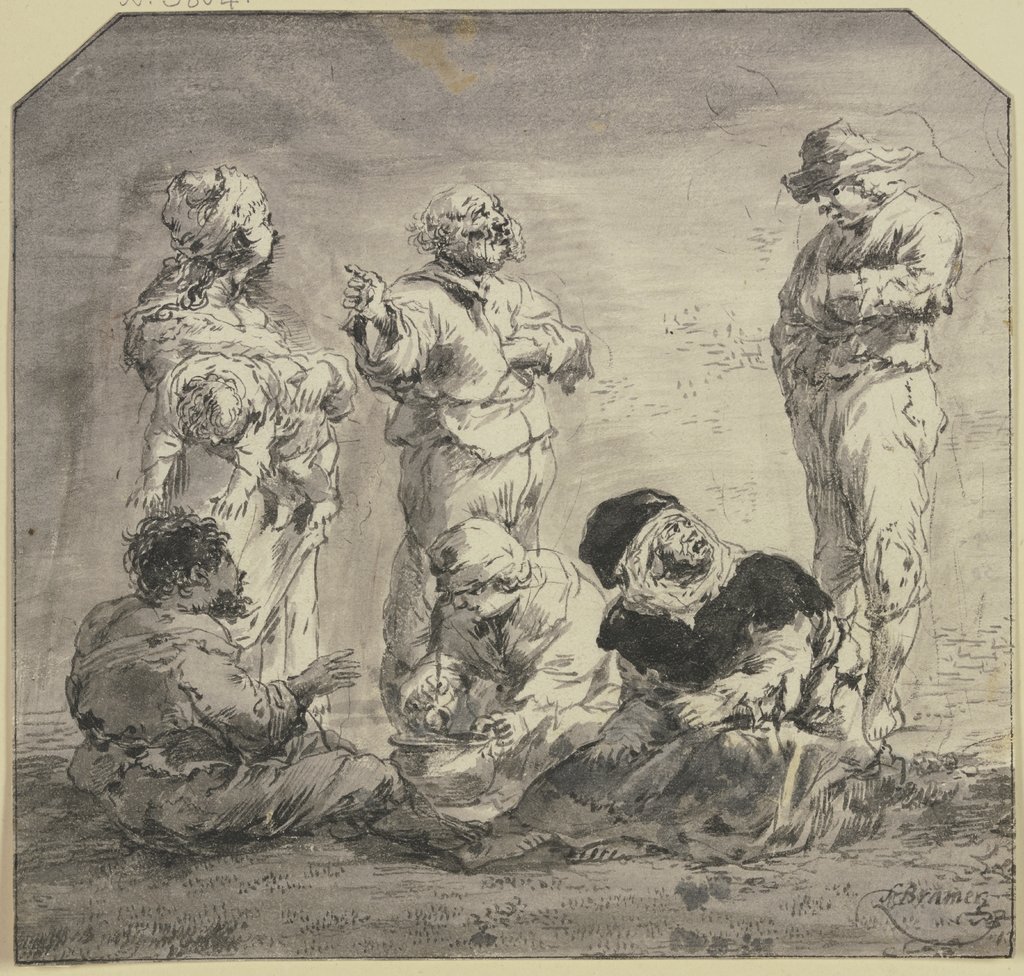 Sechs Bettler und Bettlerinnen um einen Topf mit Essen (Illustration zu einem spanischen pikaresken Roman?), Leonaert Bramer