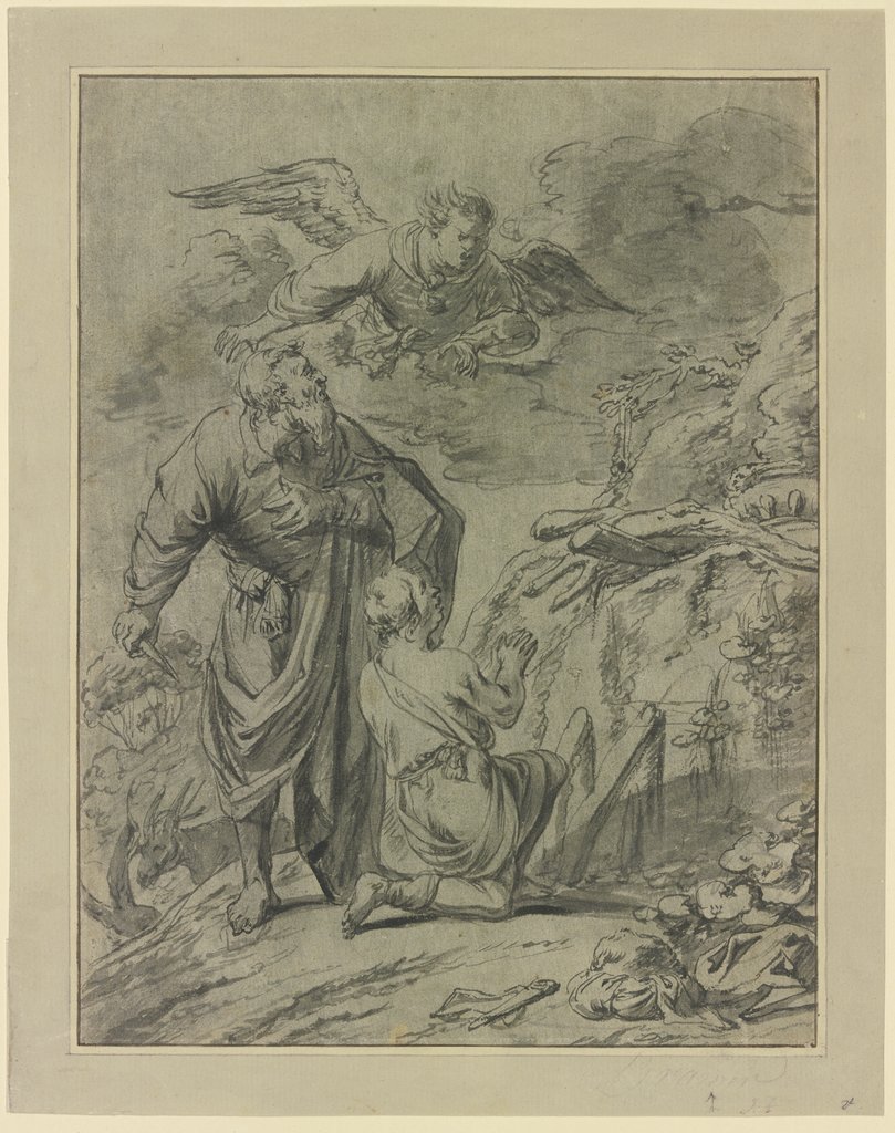 Abraham im Begriff seinen Sohn Isaak zu opfern, erblickt den Engel, Leonaert Bramer