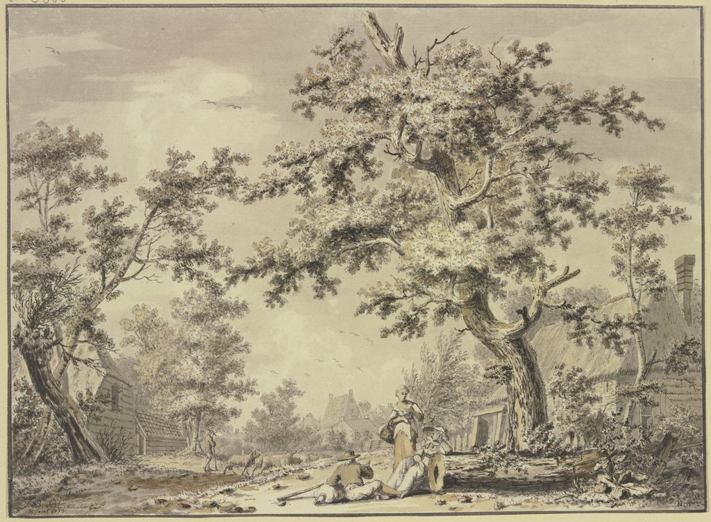 Unter einem Baum zwei Frauen und ein Bauer mit einem Sack, Johan Bernhard Brandhoff