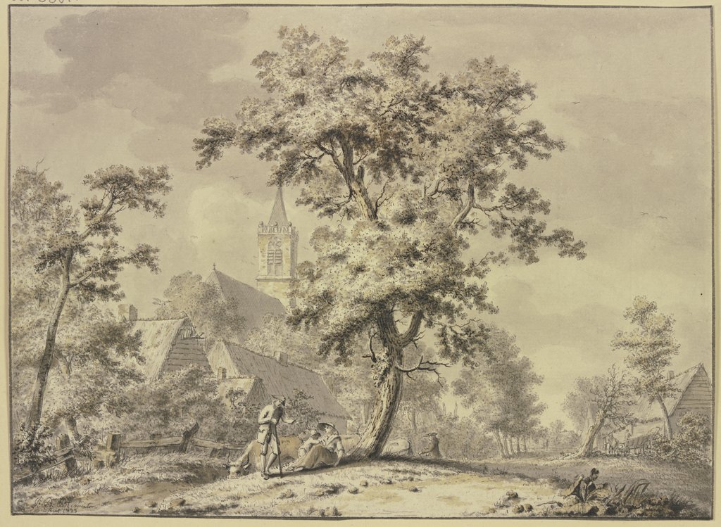 Unter einem Baum sitzt ein Mann mit Frau und Kind und einigen Kühen, Johan Bernhard Brandhoff