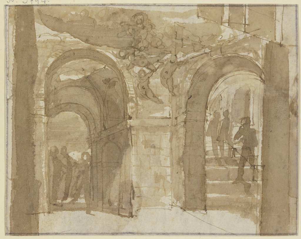 Antikes Gewölbe mit Treppe und mehreren Figuren, oben schwebt Maria mit Engeln, Bartholomeus Breenbergh