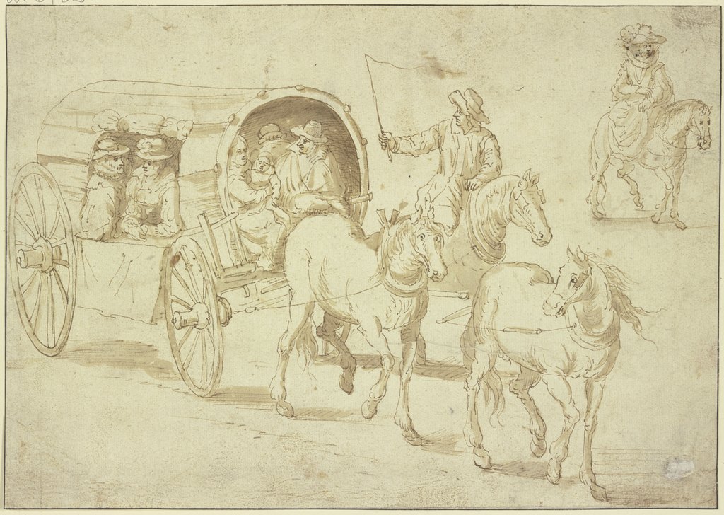 Geschlossener Planwagen mit Passagieren und eine Reiterin, Jan Brueghel d. Ä.;   ?