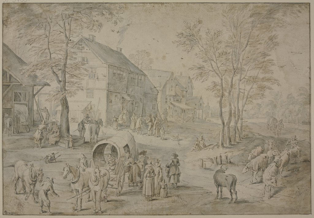 Straße in einem Dorf mit vielen Figuren, Jan Brueghel the Elder