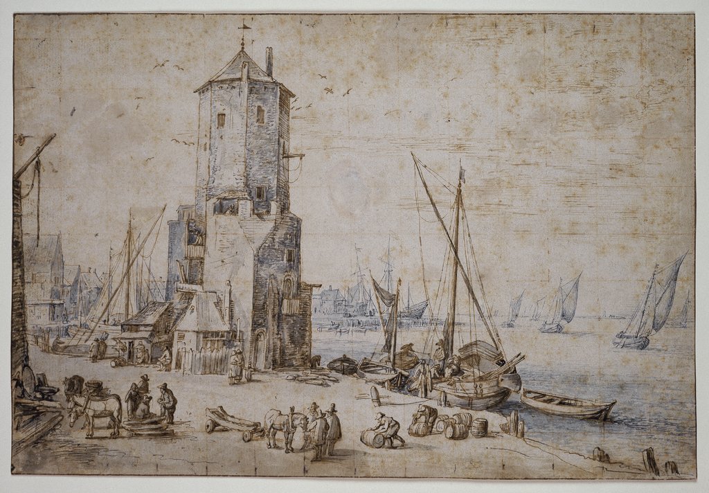 Hafenansicht mit achteckigem Turm und Segelbooten, Jan Brueghel d. Ä.
