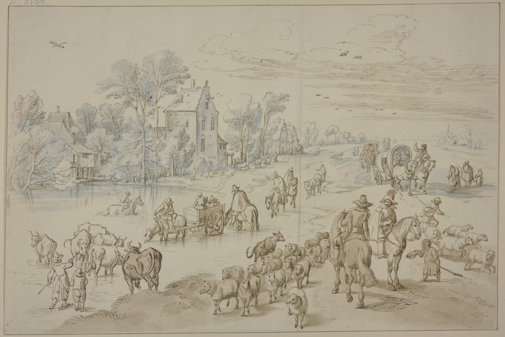 Landstraße an einem Gewässer mit Reitern und Vieh, Jan Brueghel d. Ä.;   ?