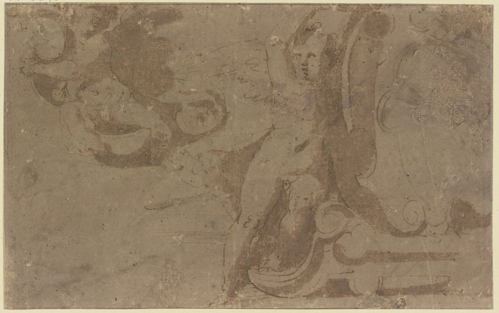 Ein Engel, der ein ornamentiertes Wappen hält, oben links ein zweiter, Nicolò Dell'Abate;   ?
