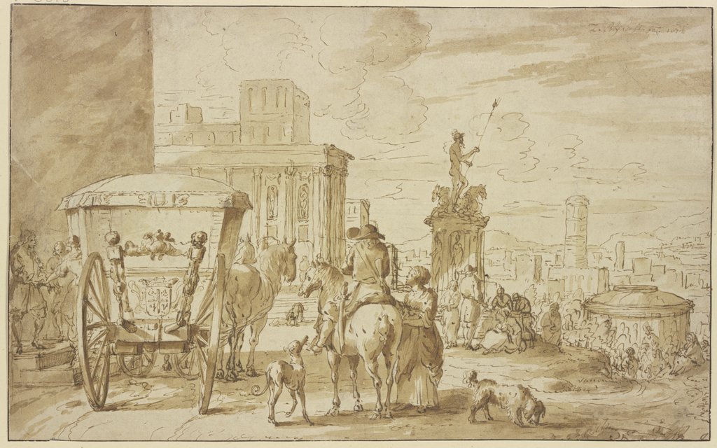 Römische Straße mit einem Monument des Neptun, links hält eine Kutsche, dabei ein Reiter, der mit einer Frau spricht, J. Blyhooft;   ?