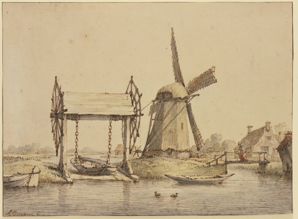 Landschaft mit Schiffshebewerk und Mühle, Anthonie van Borssom