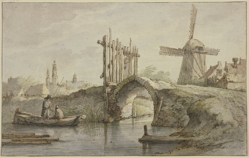 Abgegatterte spitzbogige Kanalbrücke, rechts eine Windmühle, links in einem Kahn zwei Angler, Anthonie van Borssom;   ?