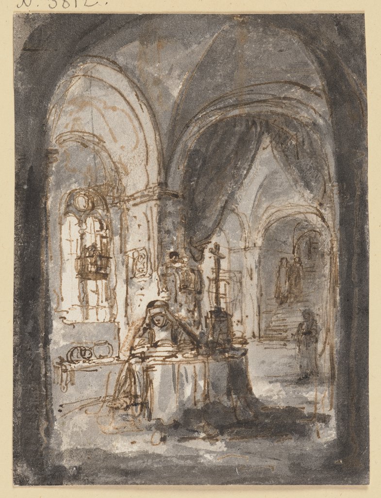 Eine Nonne sitzt in einer Kirche am Altar, Ferdinand Bol
